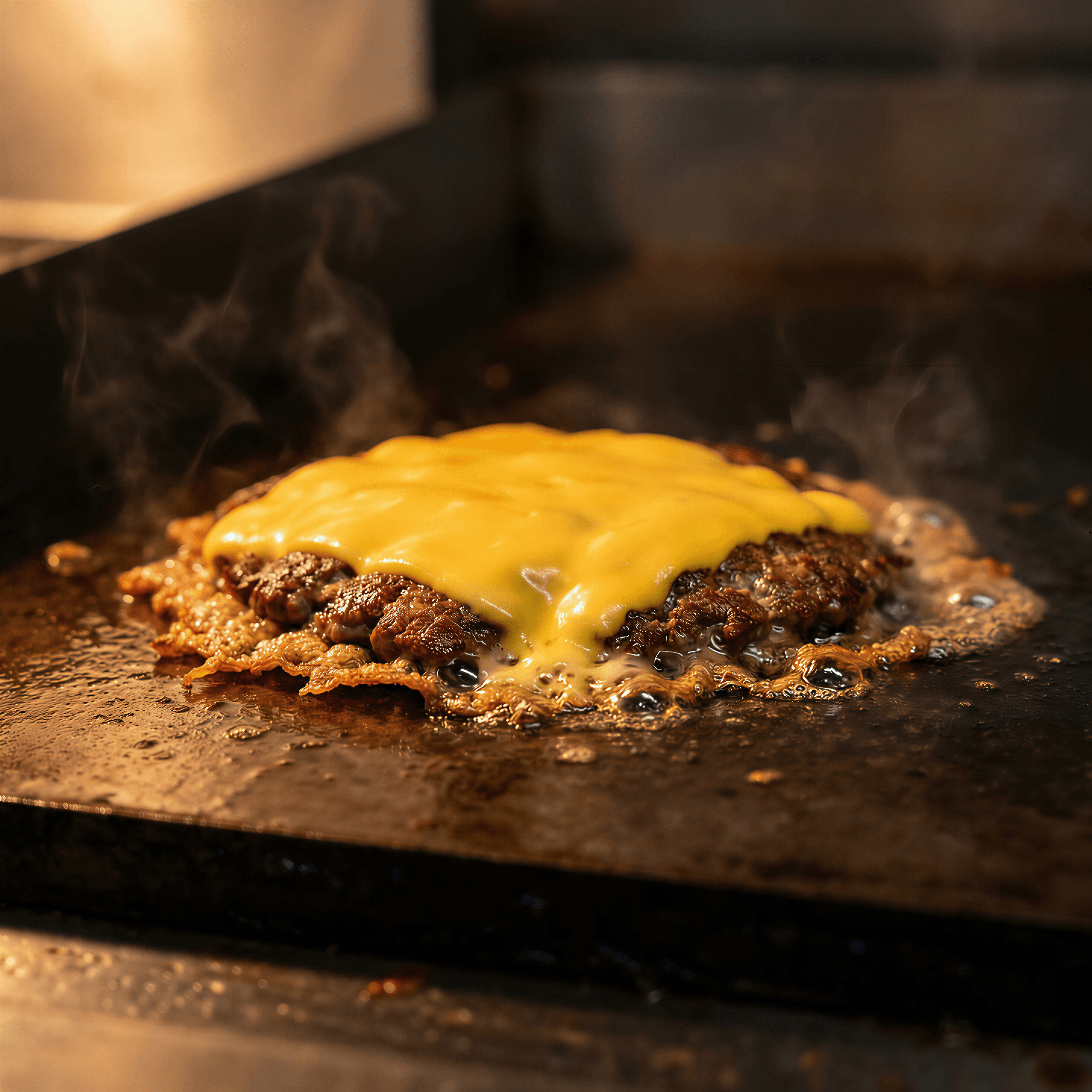 American cheese melting over crispy smash burger patty on griddle